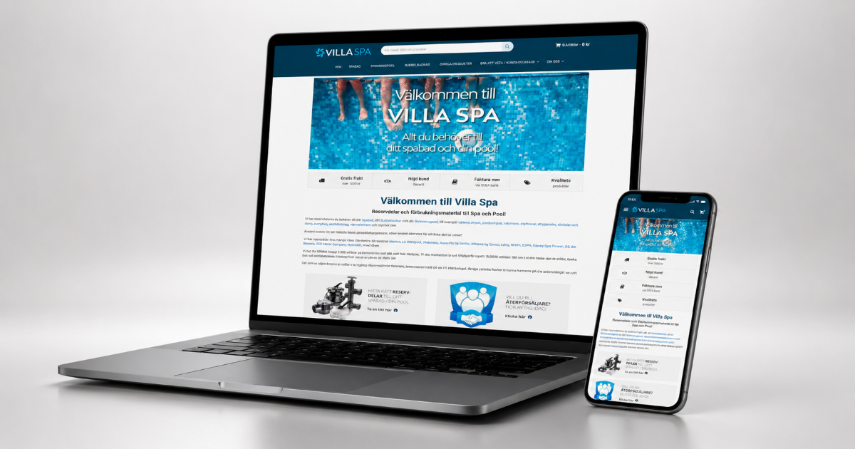 Laptop and phone mockup displaying the VillaSpa WooCommerce parts catalog after the Oxygen Builder Classic rebuild