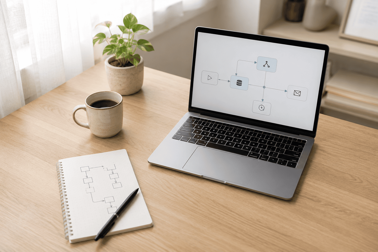 A laptop on a bright desk showing a clean node-based automation workflow, beside a notebook with a hand-drawn flowchart of the same steps