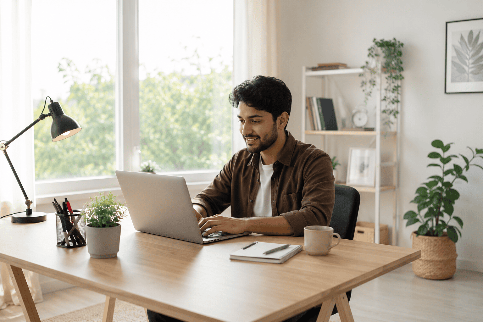 A young freelancer working on a laptop in a bright, spacious home office with plants