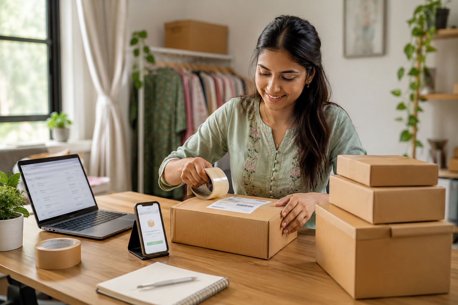 Online fashion seller taping a labeled parcel at a home desk, laptop showing an orders list and a phone showing an order notification