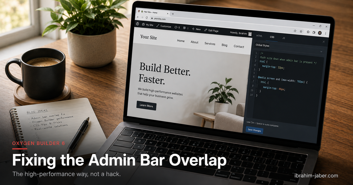 Laptop on a desk showing a website preview with the WordPress admin bar and a CSS fix panel open